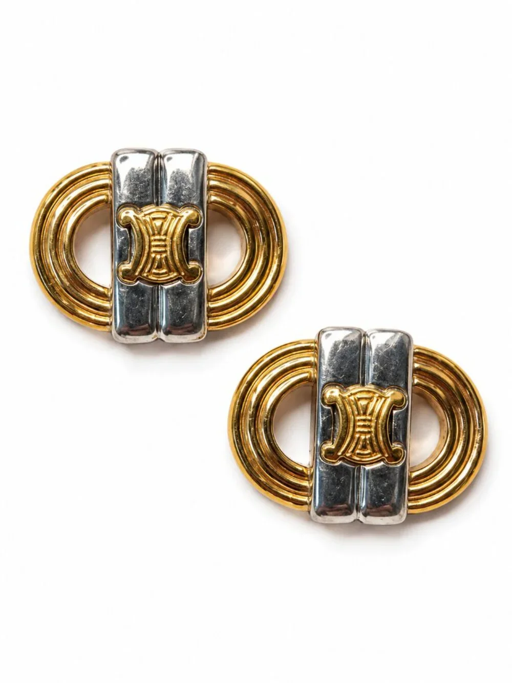 Vintage Celine Triomphe Logo Two-Tone Gold Silver Oval Cufflinks